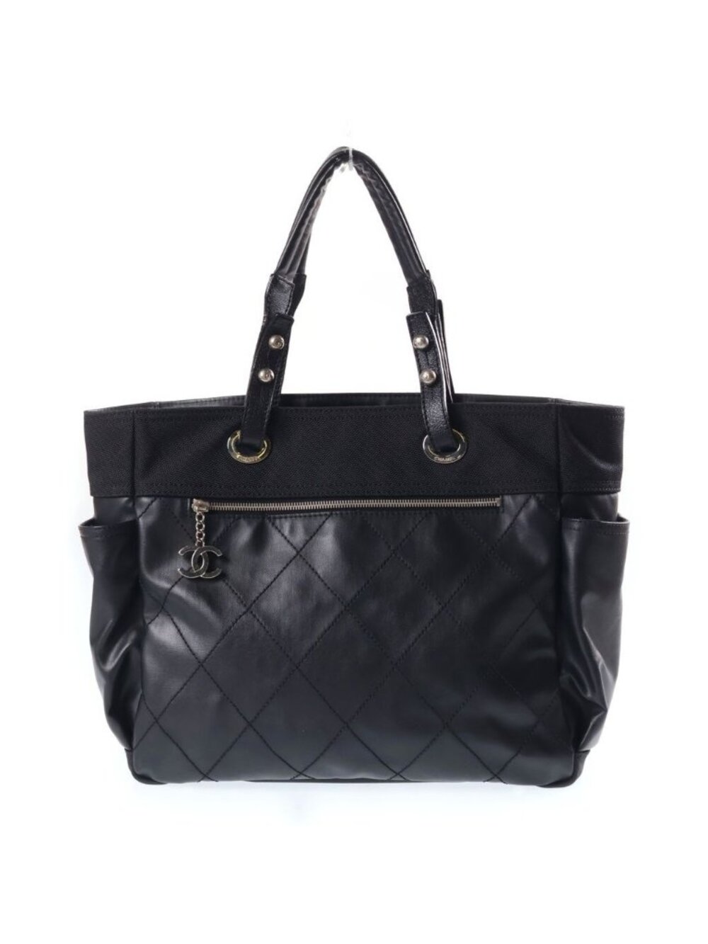 Chanel Paris Biarritz Tote GM Handbag CC Logo Black Silver Canvas Leather